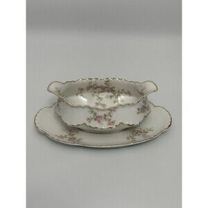 Antique Haviland Limoges Gravy Boat Underplate Pink Floral Gold M.F. Kaag France